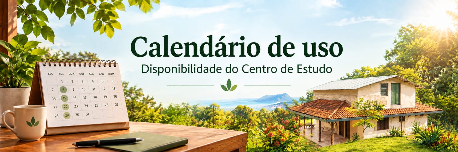 Calendário de mesa com dias marcados, café e caderno em primeiro plano, com a casa do Centro de Estudo ao fundo, sobre o texto Calendário de uso — Disponibilidade do Centro de Estudo.