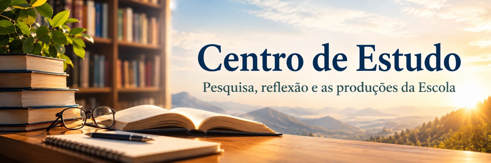 Livros, óculos e um caderno sobre uma mesa de madeira, com vista para as montanhas ao entardecer, sobre o texto Centro de Estudo — Pesquisa, reflexão e as produções da Escola.